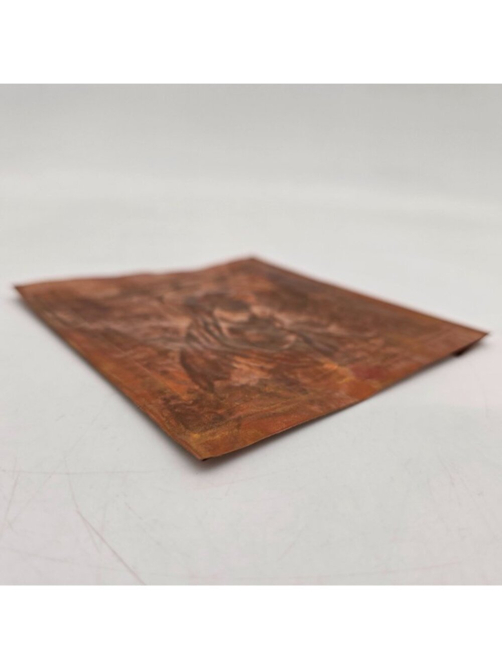 Copper Embossed Religious Artwork Signed KAH 86 Virgin Mary Design 4"x4.5" Panel - Picture 8 of 9